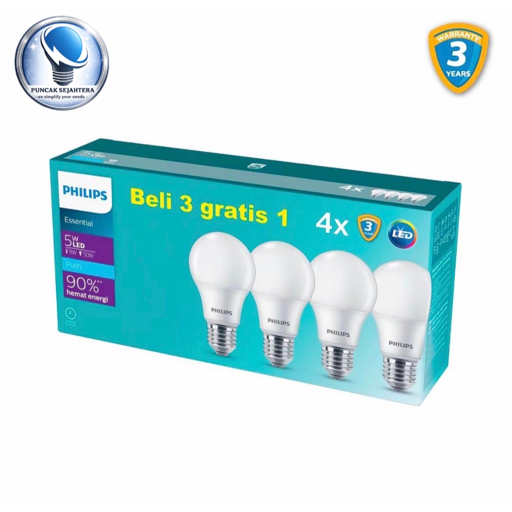 Lampu LED Philips 5w 5 watt Essential Multipack 3 gratis 1 ( ISI 4 PCS ) ORIGINAL dan BERGARANSI RES