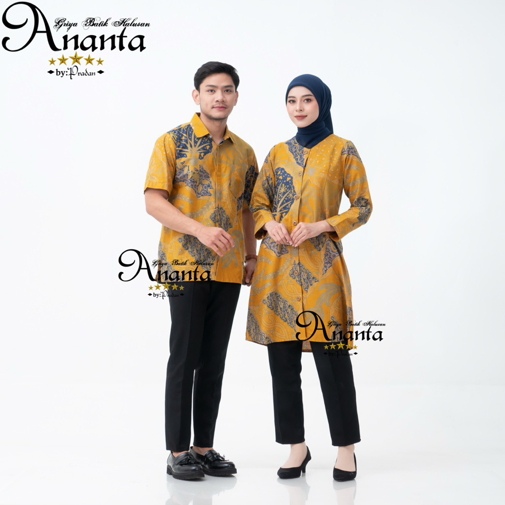 Batik Ananta Couple Sarimbitan Atasan Batik, Hem Batik Pria Dan Tunik Batik Wanita Warna Kuning