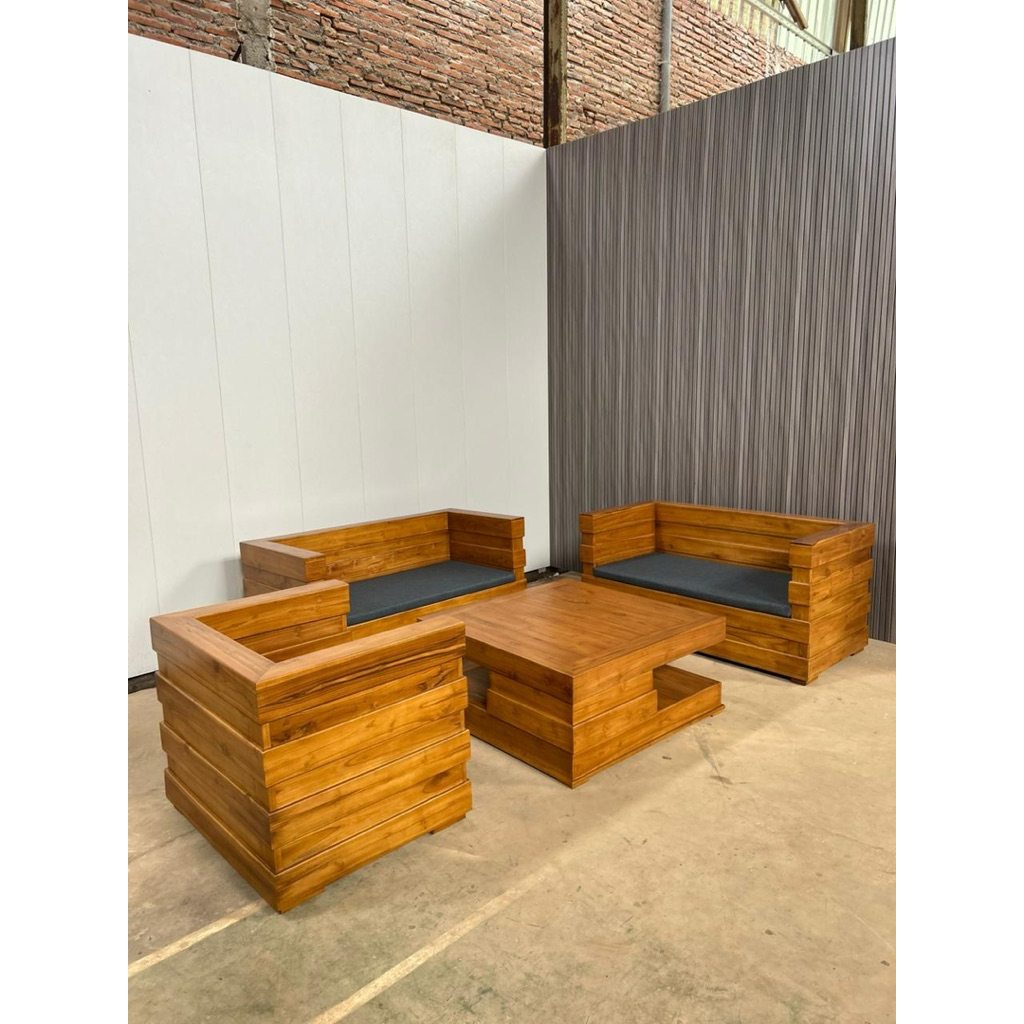 Promo ~ Set Kursi Tamu Box Minimalis Modern Terbaru Formasi 221 Meja Bahan Kayu Jati Tua Perhutani