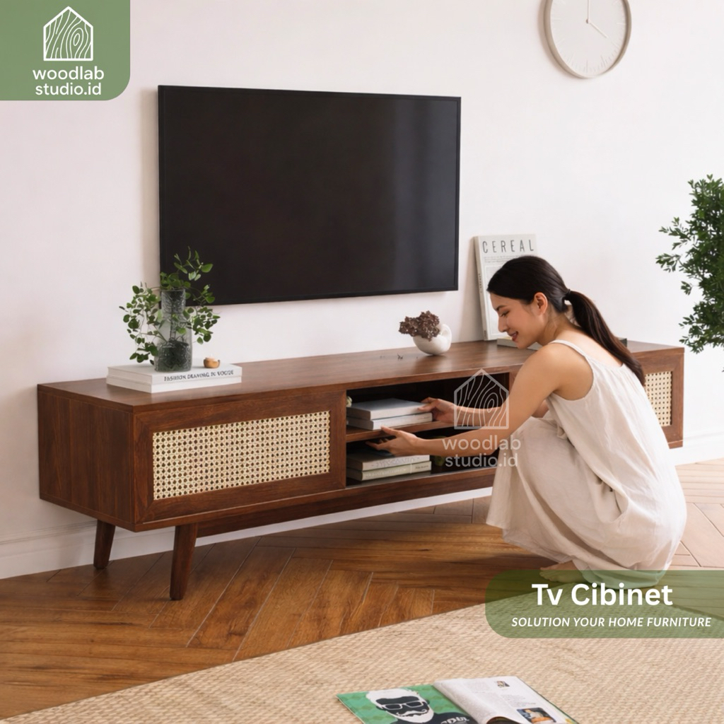 Meja TV Minimalis Pintu Rotan Anyaman | TV Console Japandi Scandinavian | Rak TV Modern - 05
