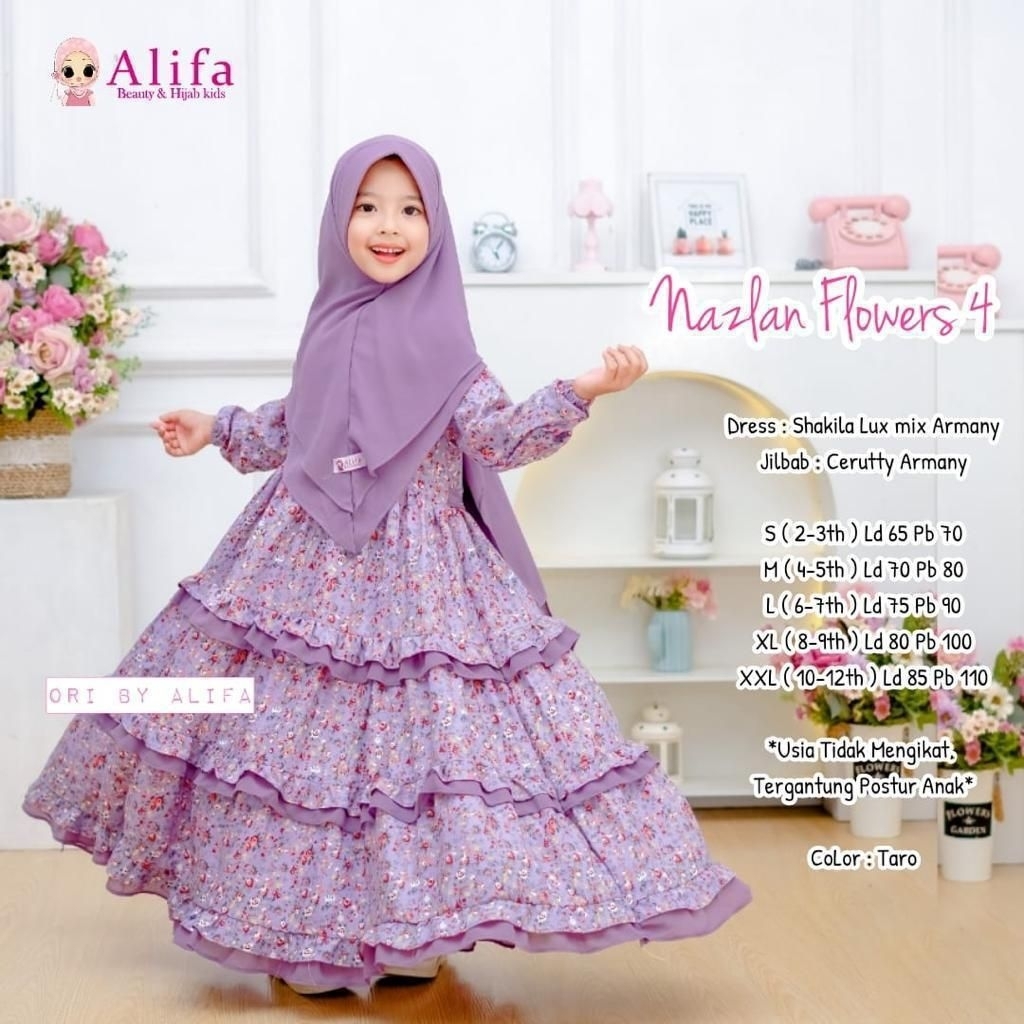 NAZLAN FLOWER SET ORI ALIFA KIDS // SETELAN GAMIS FREE JILBAB ONE SET BAJU ANAK PREMIUM MOTIF BEST S