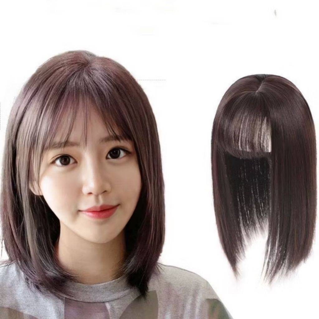 Wig Toupee Poni/Toupee Pini/Hairclip Poni Wanita/Topper Poni Warna Hitam Coklat Panjang 35 cm