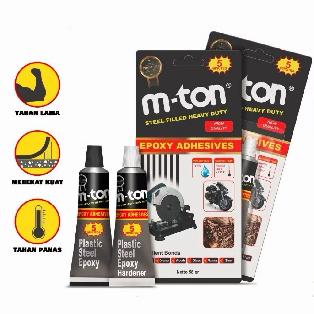 LEM BESI M-TON 58GR HITAM + PUTIH TAHAN PANAS PLASTIK STEEL EPOXY GLUE ORIGINAL MERK M-TON