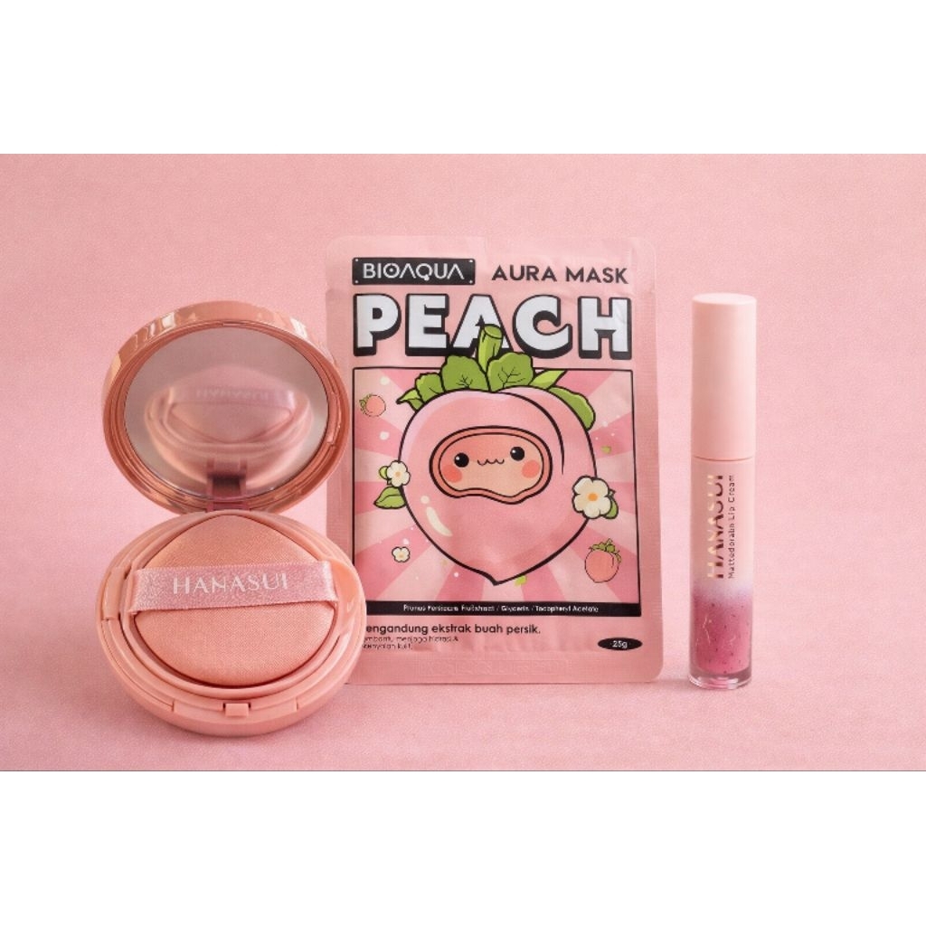 Paket cantik set Hanasui, Hanasui cushion soulmate,masker bio Aqua,lip cream hanasui