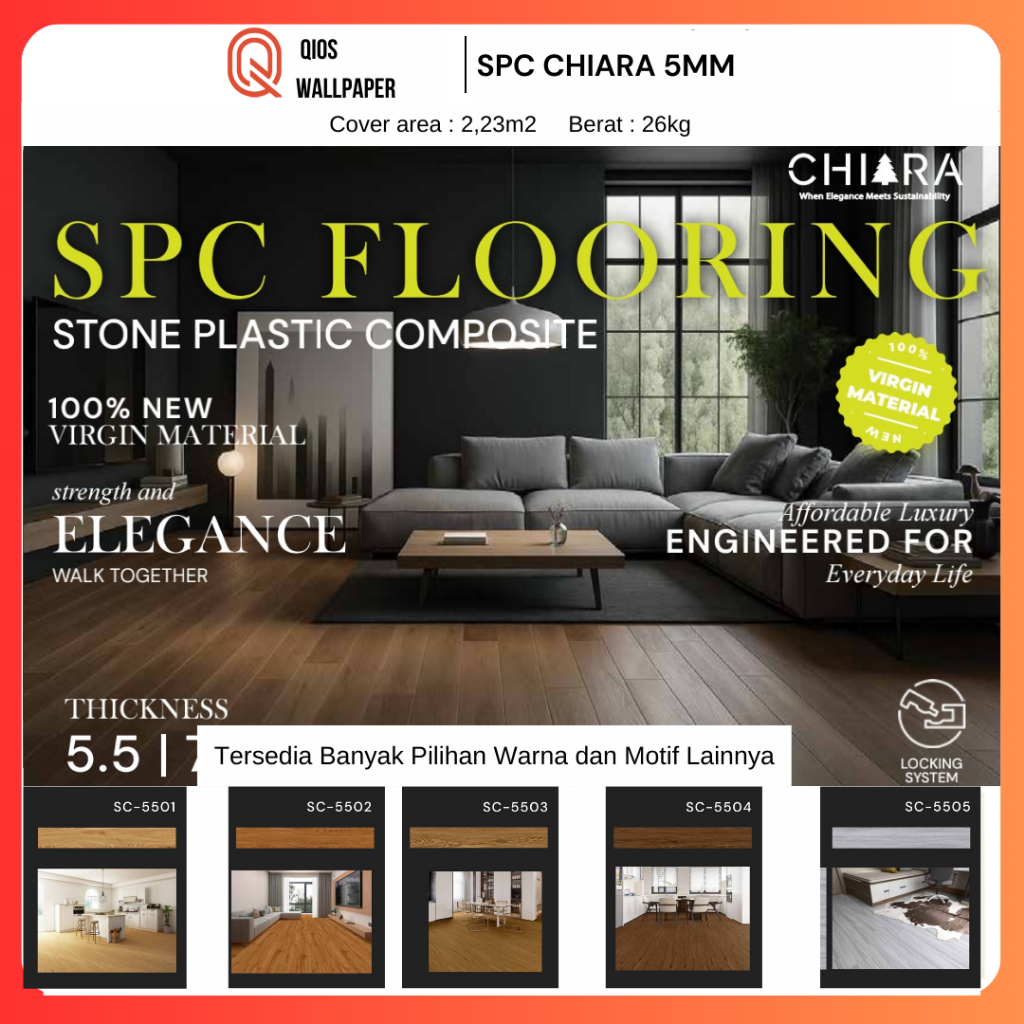 CHIARA Lantai SPC 5,5mm Tanpa Lem | Spc Flooring Click | Lantai SPC Motif Kayu Sistem Click Anti Ray
