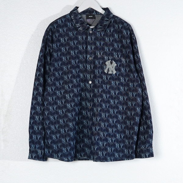 Kemeja MLB NY MONOGRAM STRIPE DENIM NAVY LONG SHIRT 100% ORIGINAL