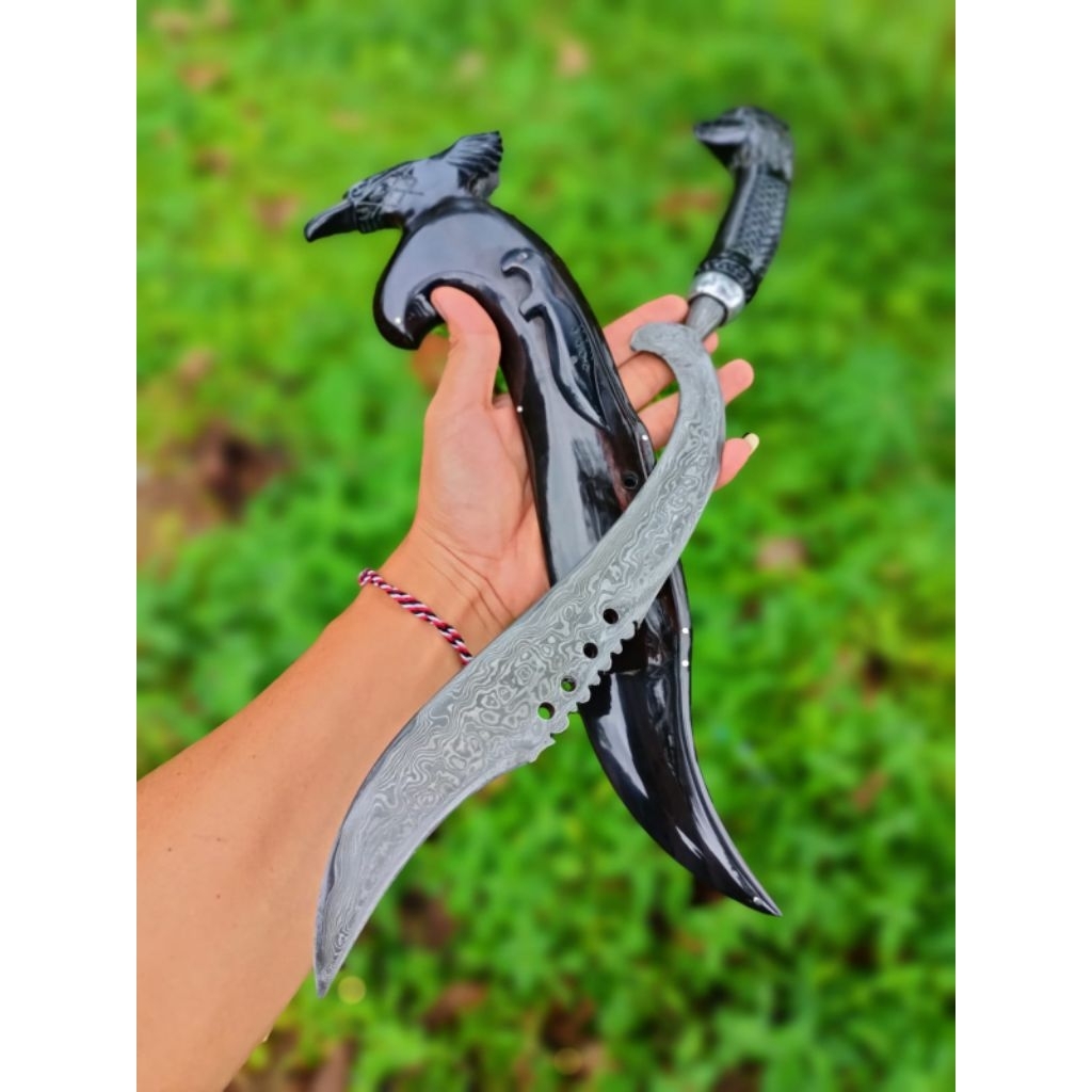 PISAU KUJANG PAMOR DAMASCUS FULL TANDUK UKIR PREMIUM