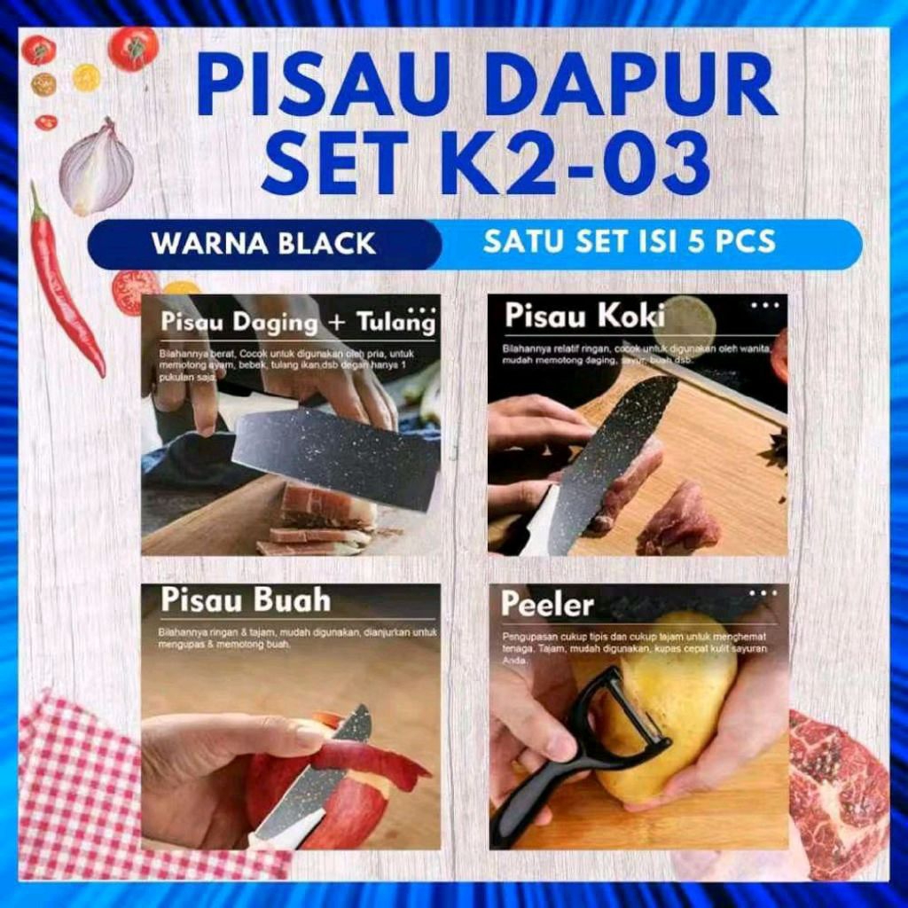 SET PISAU DAPUR 5pcs K2-03 Kitchenware Talenan Warna Black Satu Set Isi 5 Pcs Cocok Untuk Memasak Se