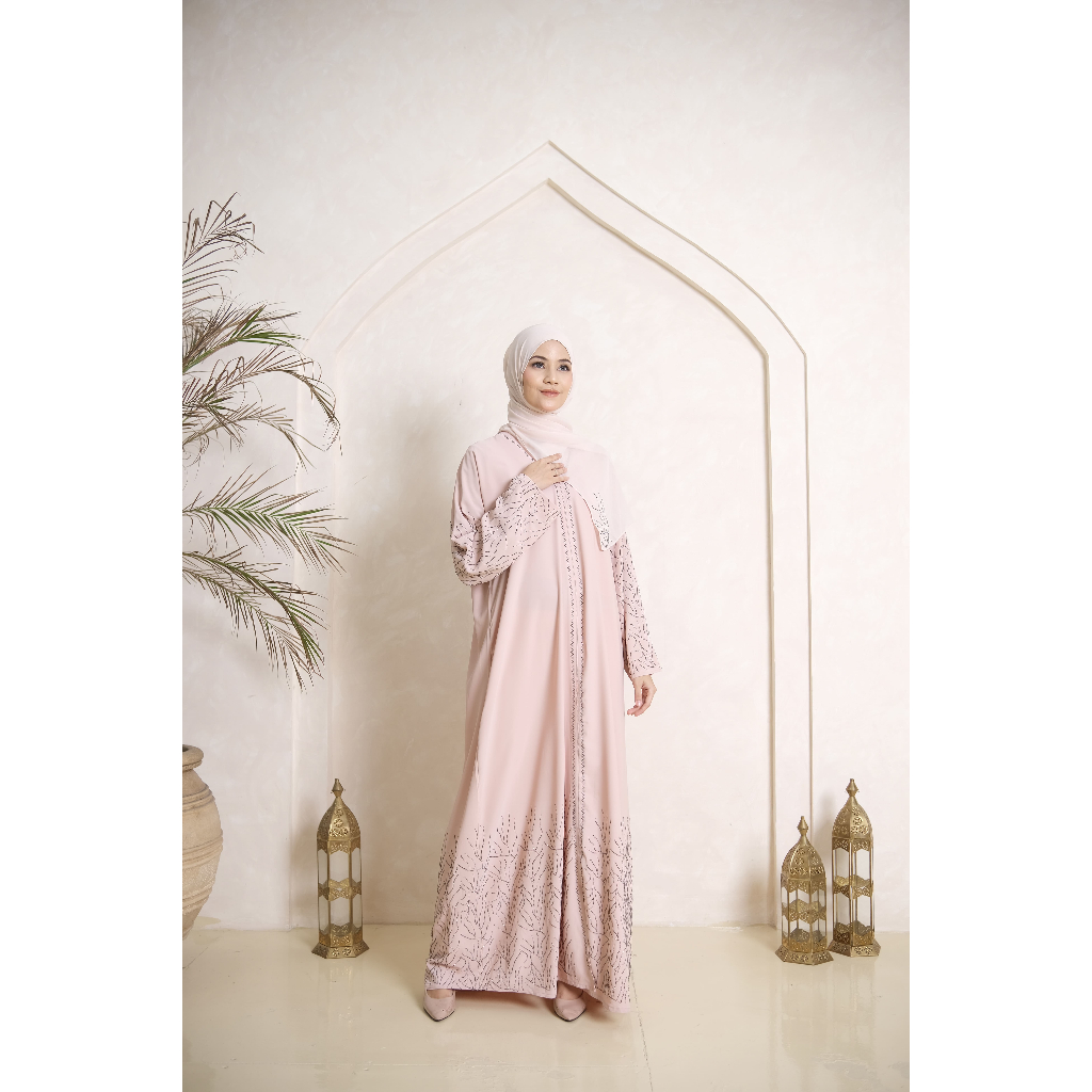 Abaya Tsabina Abaya Payet Saudia Warna Abu, hitam, Mocca, Cream, Dusty Pink, Desain Simpel & Elegan,