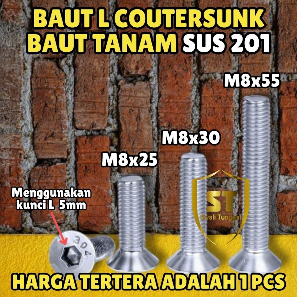 BAUT L TANAM VERSENG M8x30 | M8X55 STAINLESS SS 201 - BAUT L COUNTERSUNK