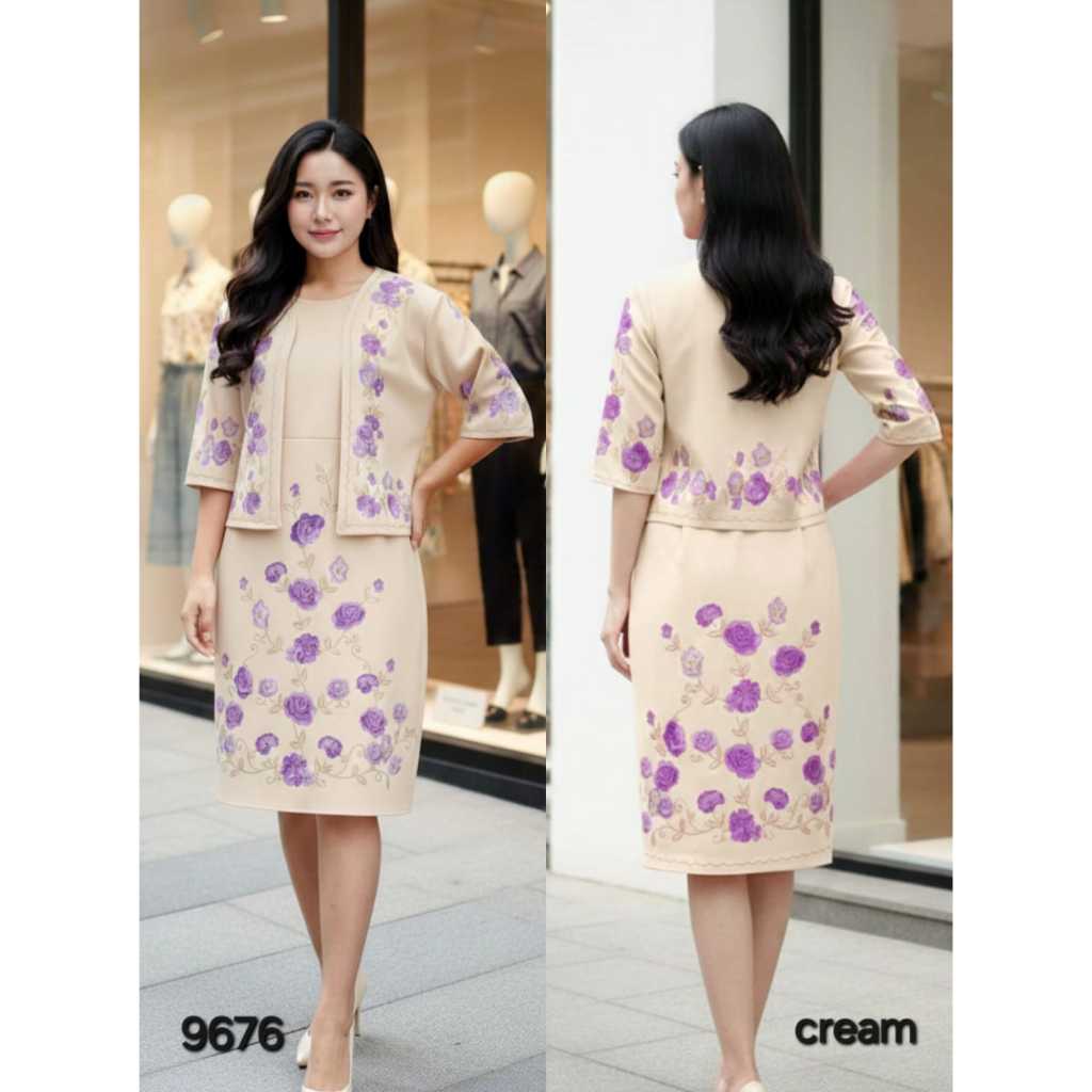 OY 9676 Dress Wanita  – Scuba Motif Premium dengan Rompi Lepas | jumbo dress midi kekinian elegan se