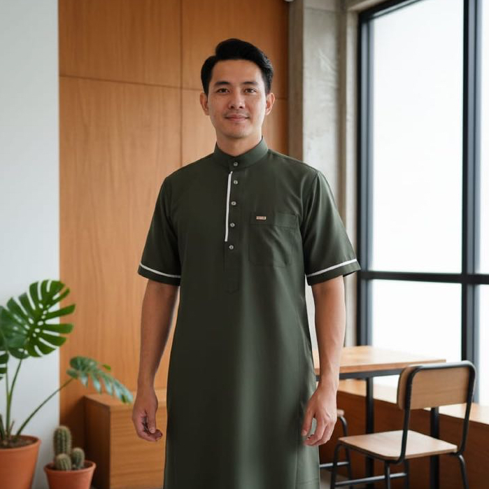 Jubah Pria ZAYN – Baju Muslim Lengan Pendek Kancing Strip Putih | ArabTsaub