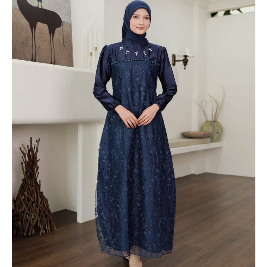 Dress Manda Baju Gamis Lebaran 2026 Gamis Kondangan Bridesmaid Bahan Satin Velvet Kombinasi Brokat J