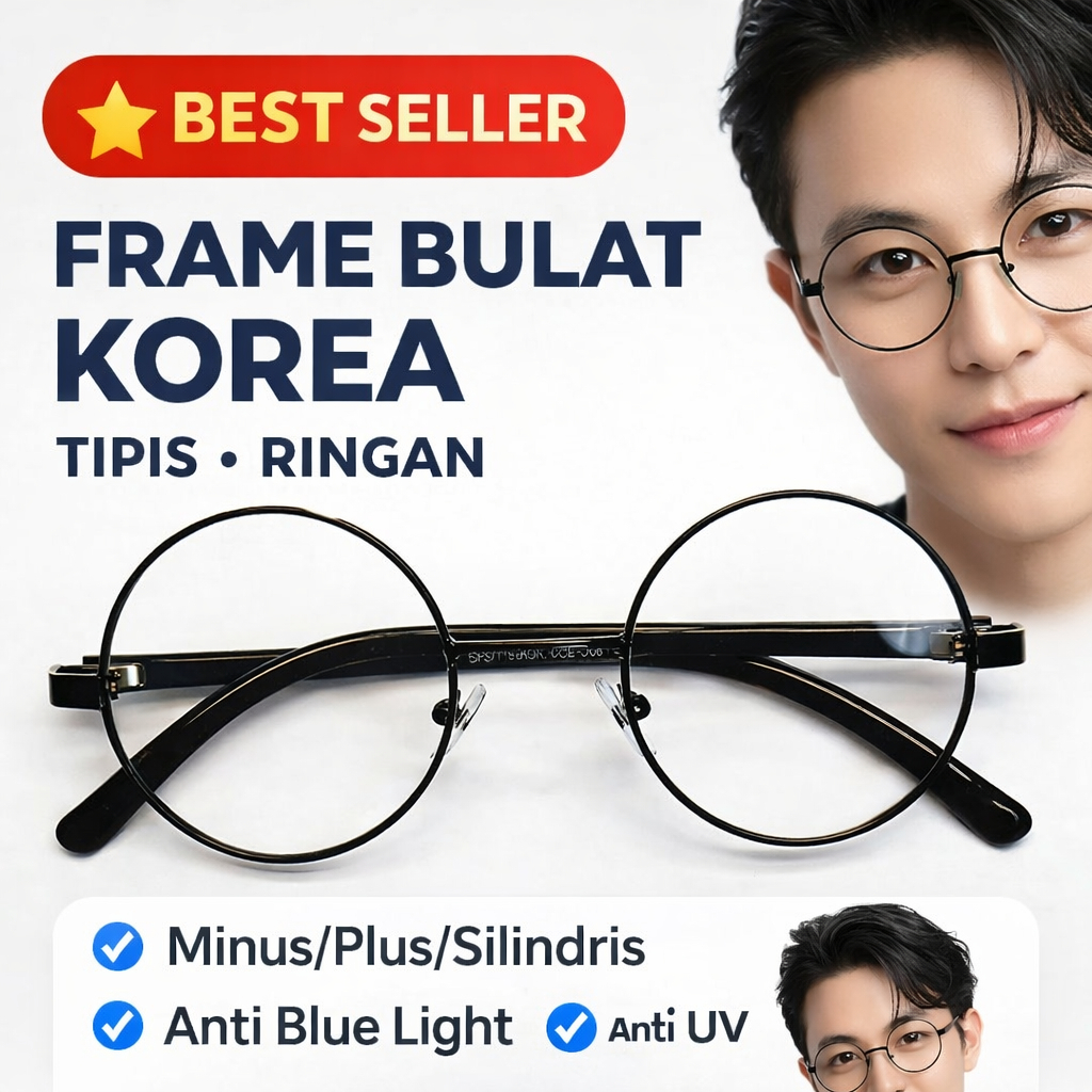 Kacamata Minus Bulat Korea Frame Besi Tipis Ringan Anti Blue Light Pria Wanita RS Lighthouse
