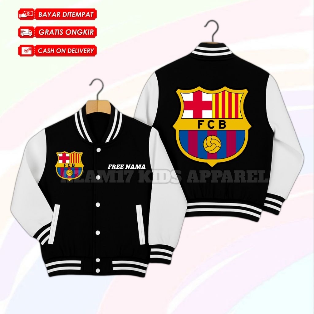 (BISA COD) Jaket Varsity Baseball Anak FC Barcelona Free Nama / Jaket Baseball Varsity Anak Barca Ba