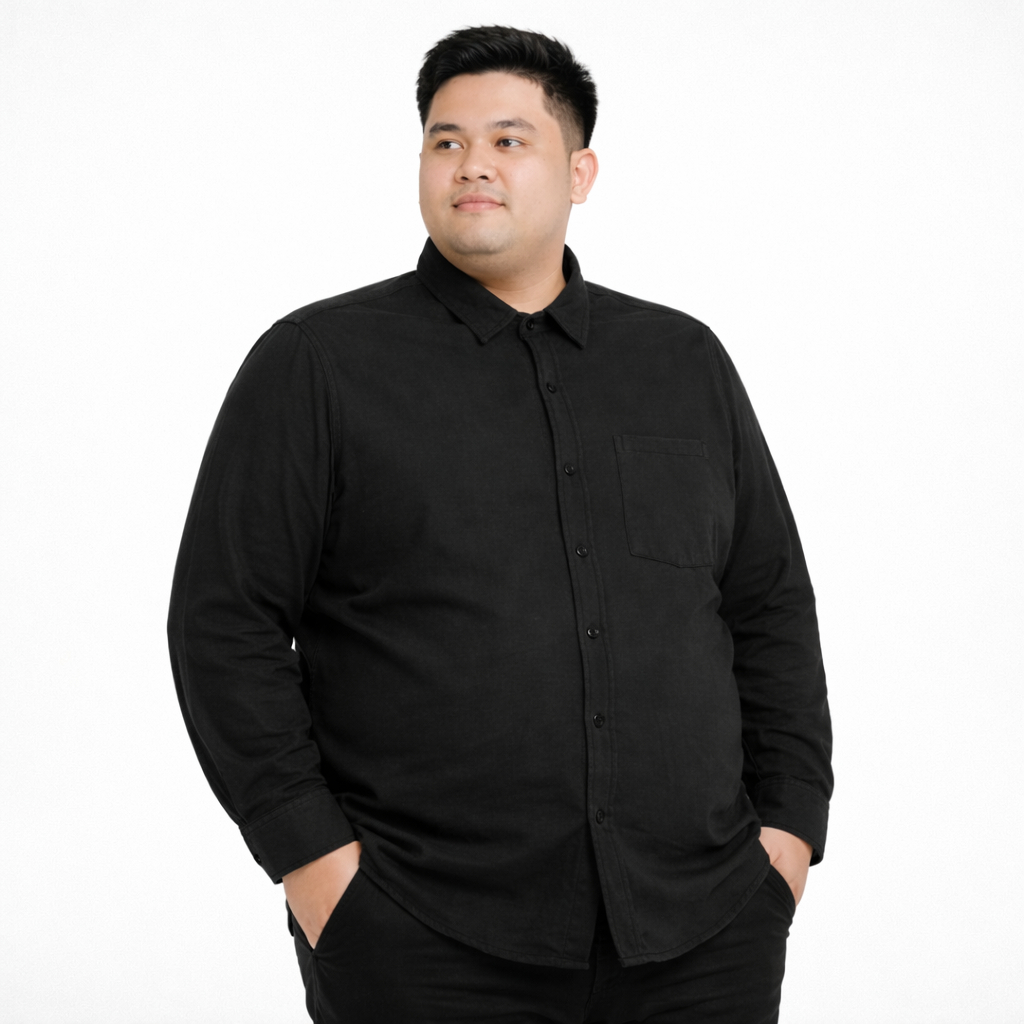 Kemeja Pria Jumbo Big Size Polos Lengan Panjang Hitam Pique