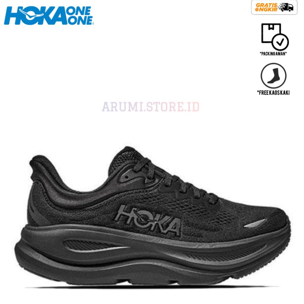 SEPATU LARI HOKA BONDI 9 FULL BLACK RUNNING SHOES
