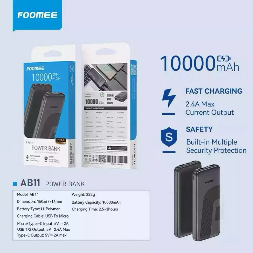 Foomee AB11 Powerbank 10.000Mah , Power Bank Flight Friendly Real Capacity