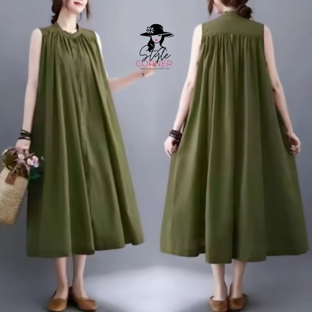 OrginalKlambiz Lenata Midi Dress Wanita Korean Style Katun Linen Premium Midi Dress Casual Elegan Lo