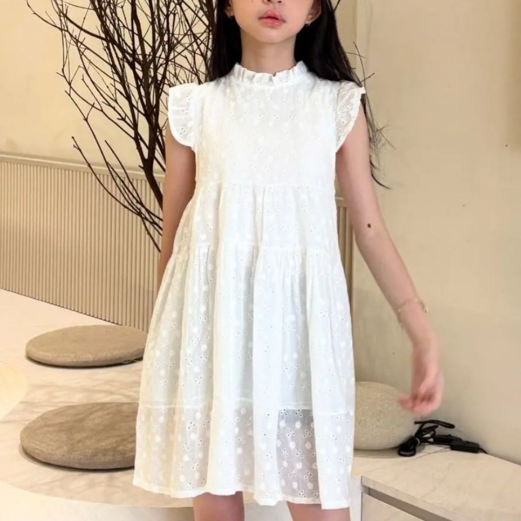 [CUTIEKIDS] COTTON LACE DRESS | DRES ANAK PEREMPUAN BROKAT PUTIH MOTIF BUNGA | GAUN ANAK LENGAN PEND