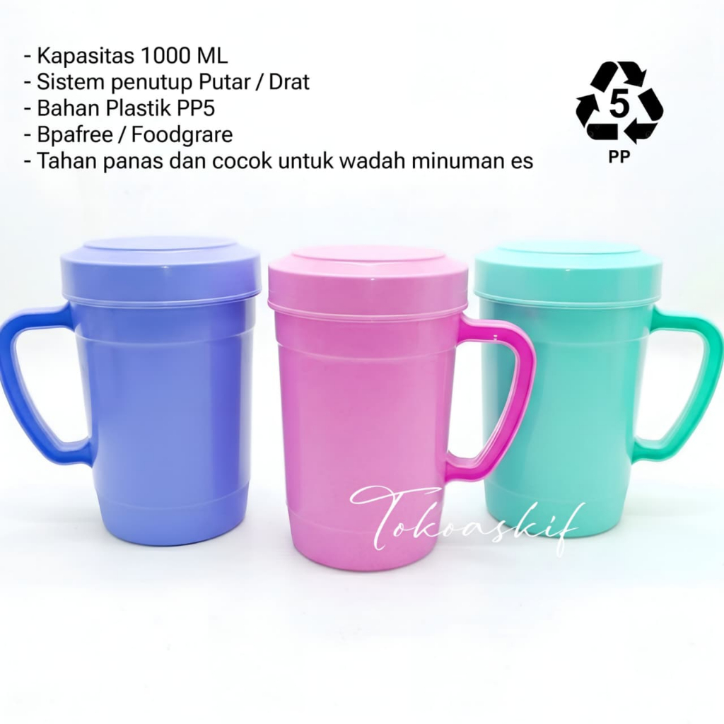 PROMO 3 Pcs - Mug Tutup Drat Plastik 1000 ML Mug Alma Cangkir Gagang Plastik JUMBO