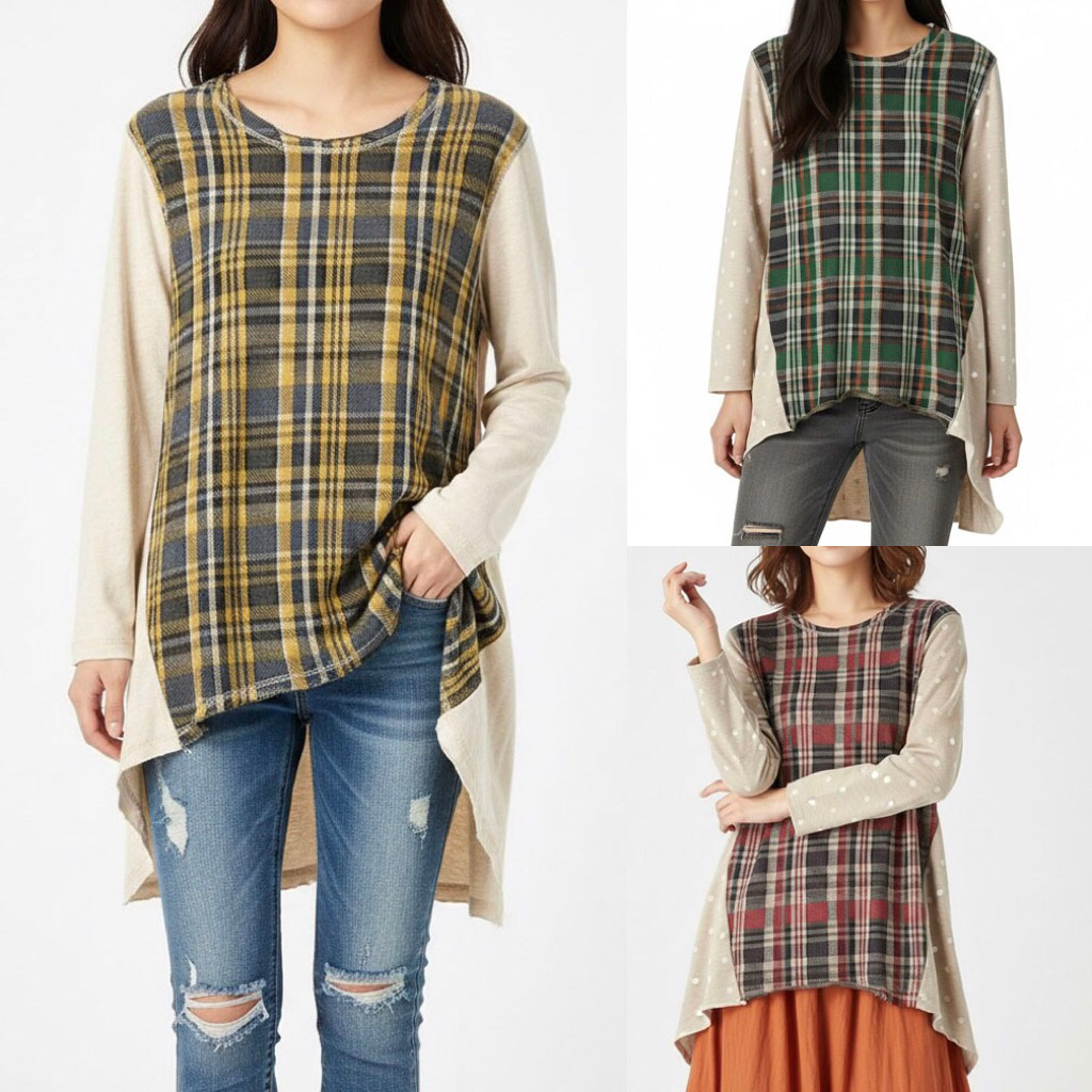 KAOS TUNIK KOTAK KUNING ORANGE HIJAU KOMBI KREM POLOS POLKA IMPORT