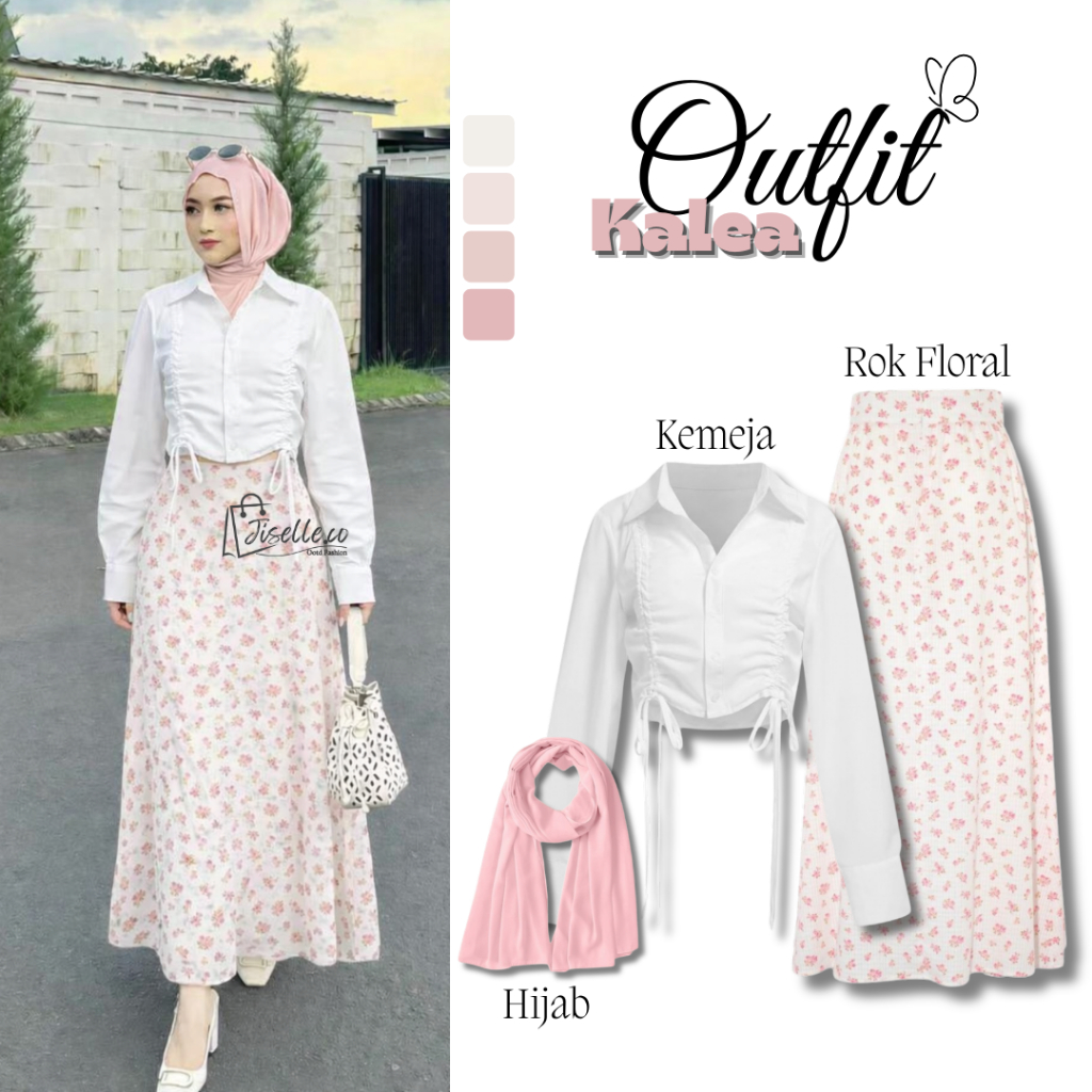 Outfit Daily Remaja Style Trend [Kemeja Oversize Serut + Rok Floral + Pasmina] One Set Wanita Hijab 