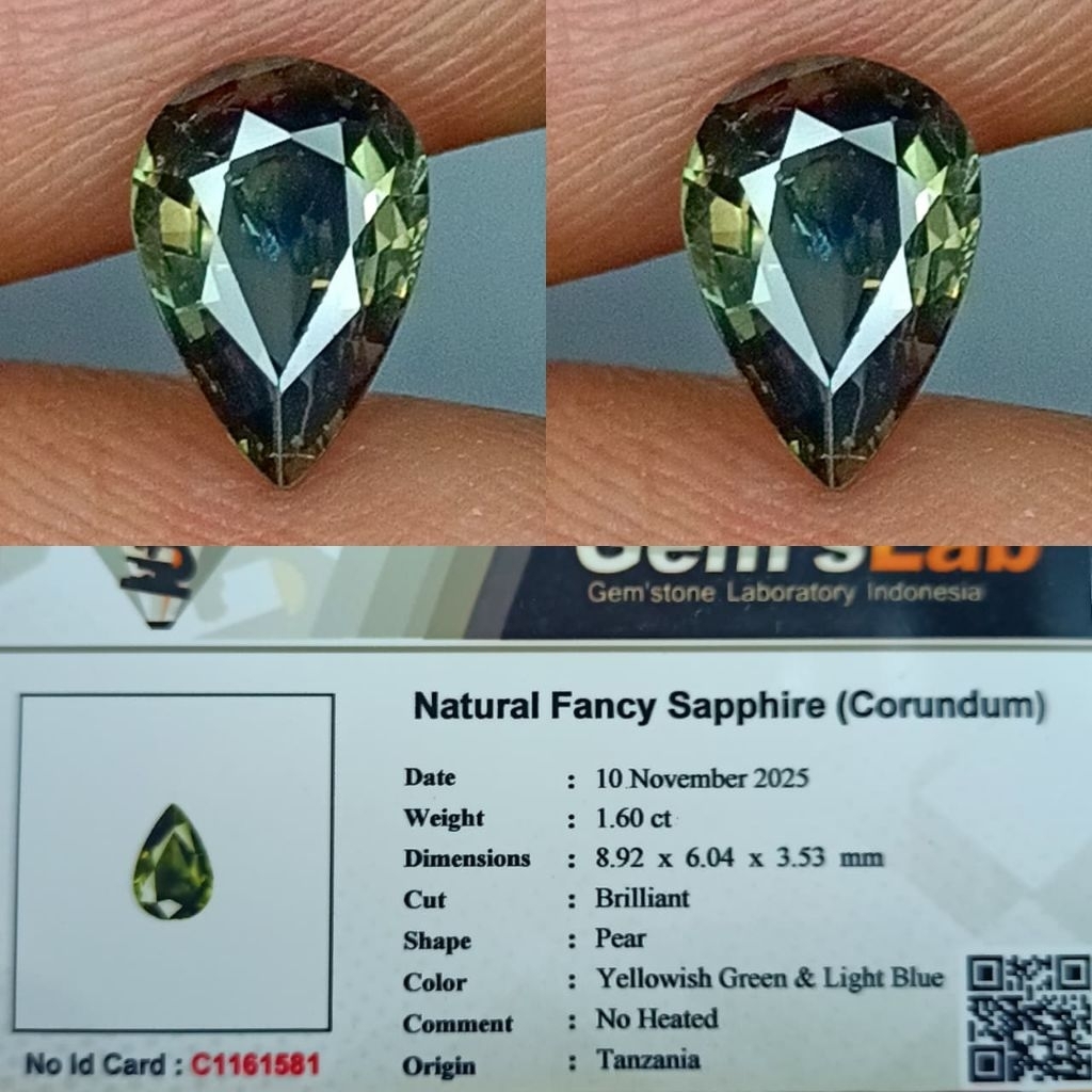 natural fancy sapphire ( corundum ) yellowish green & light blue no heated Tanzania memo GLI