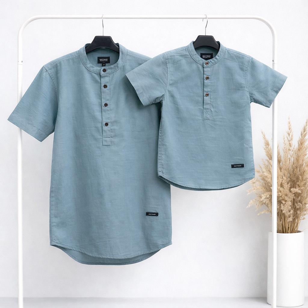 Baju Koko Couple Ayah dan Anak Terbaru Warna Biru Wardah Usia Anak Remaja Dewasa Big Size