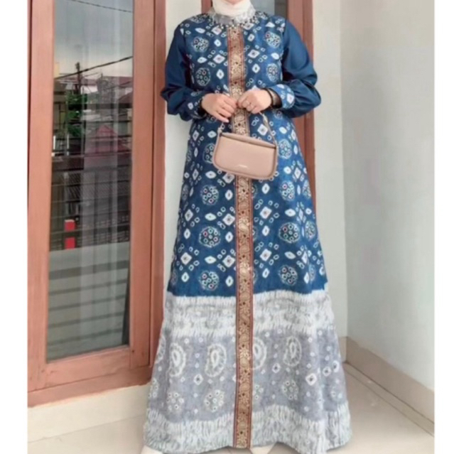 dress jumputan biru navy list songket