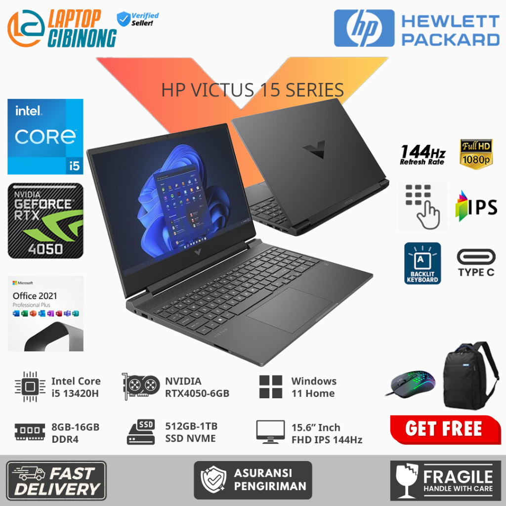 Laptop Gaming HP Victus 15 Intel Core i5 13420H Nvidia Geforce RTX4050 IPS 144Hz Windows 11 Black