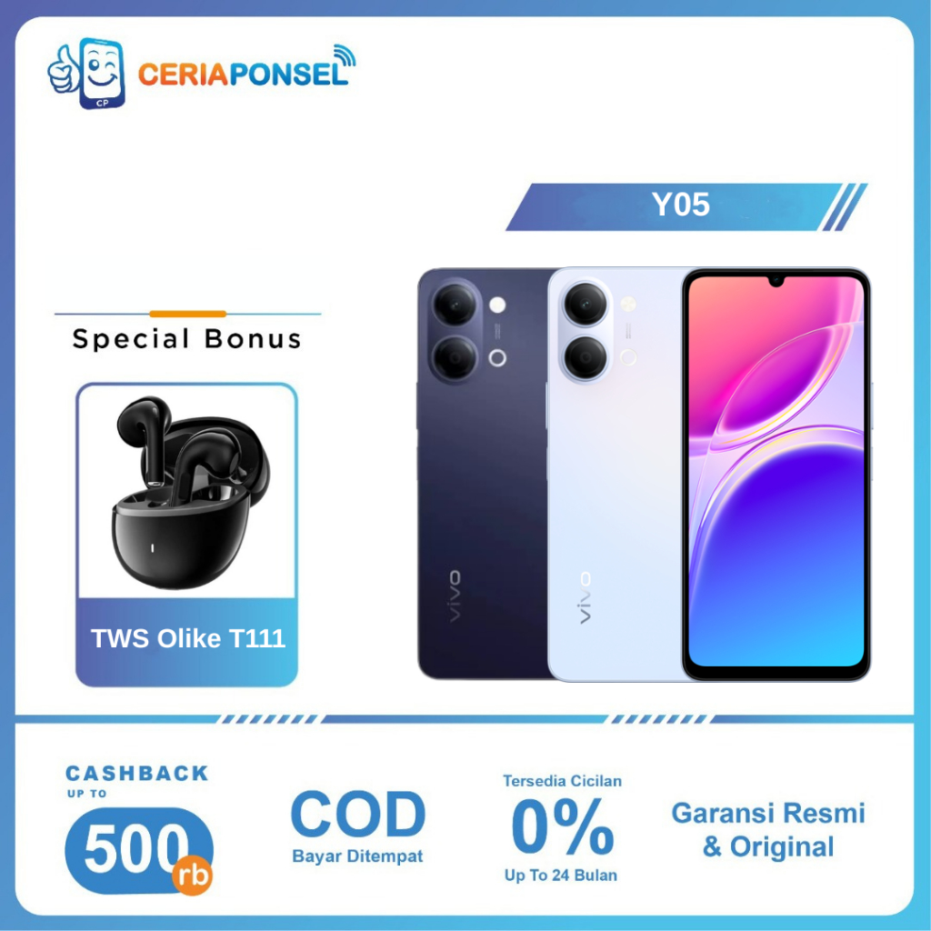VIVO Y05 4/64GB & 4/128GB Unisoc T7225 (12 nm) 6500 mAh Fast Charging 15W | Garansi Resmi VIVO Indon