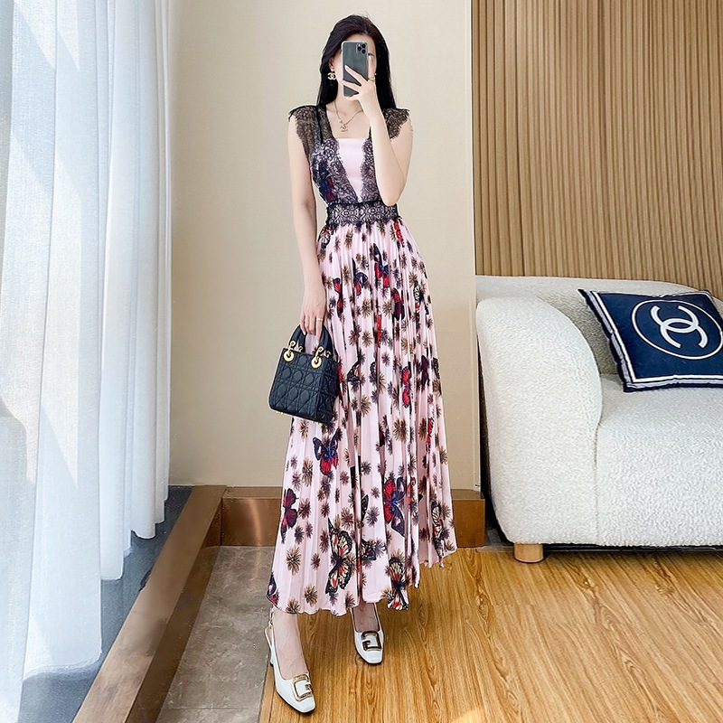 Dress Maxi Floral Korean Style New Premium Wanita Import  • Long Dress Plisket Elegan • Kombinasi Br