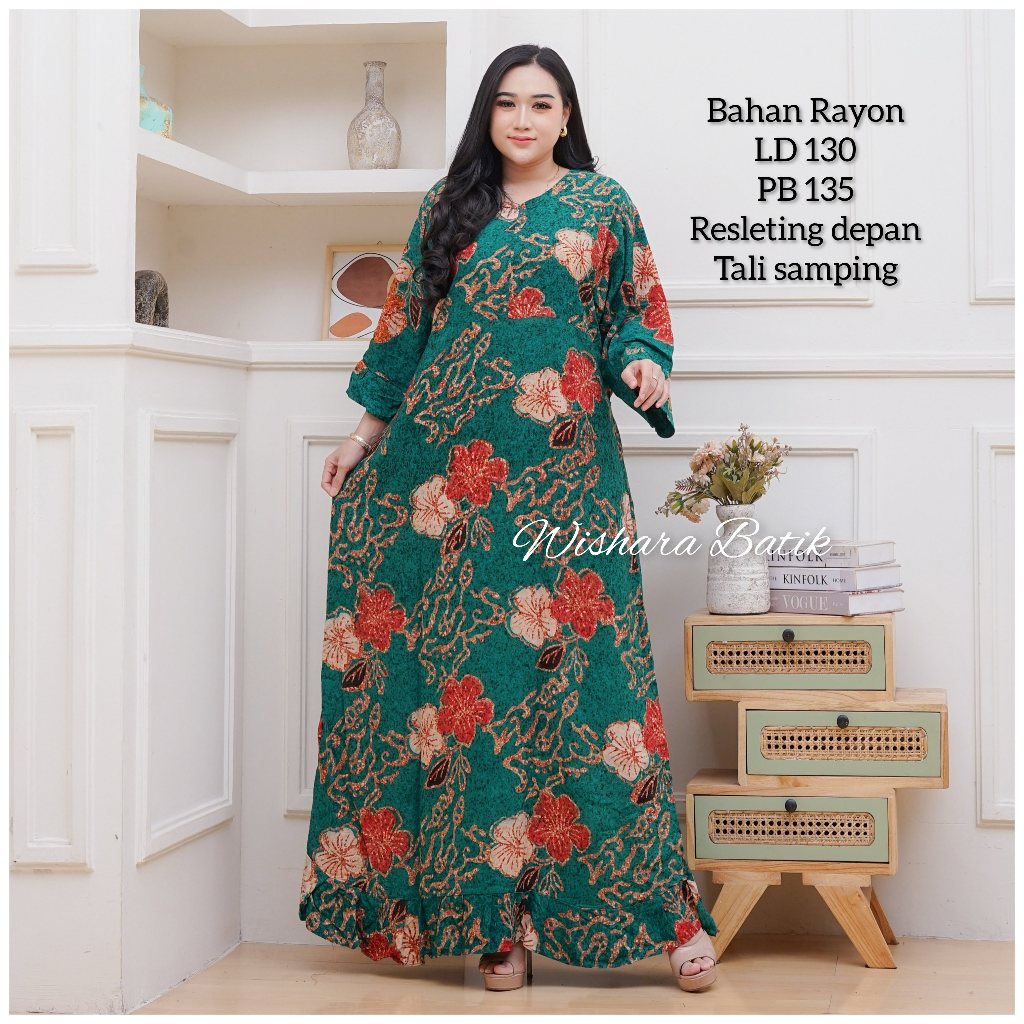 Wishara Batik - Gamis Batik Ld 130 Bahan Rayon Tebal Busui Friendly daster longdress jumbo batik pek