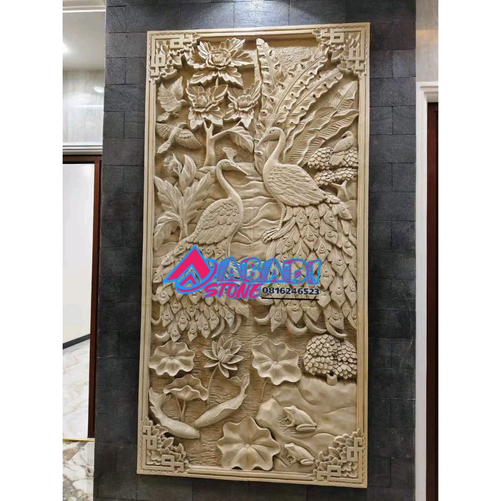 ukiran burung merak bunga mawar batu putih batu alam tempel dinding 120x200