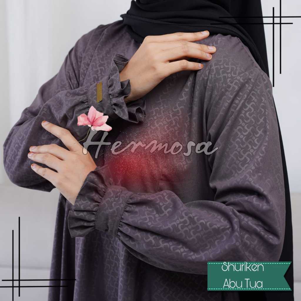 (Gamis Hermosa)Gamis hermsoa moitf shuriken warna dark abu-gamis abu tua syari premium-gamis lebaran
