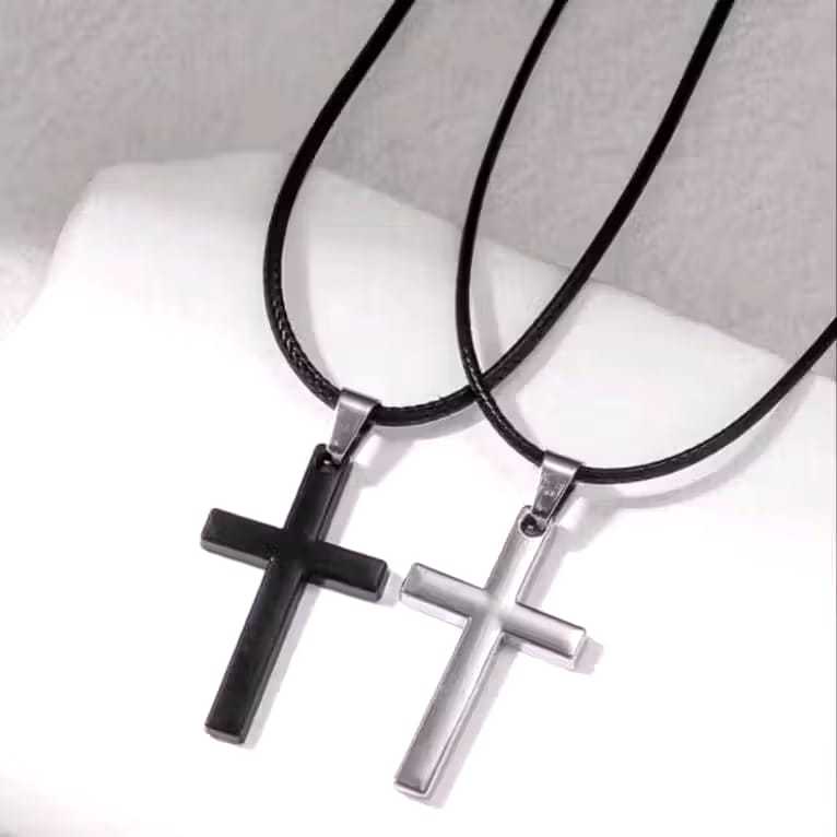 Kalung Tali Salib Titanium Couple Hitam & Silver Elegan+ Tali Premium