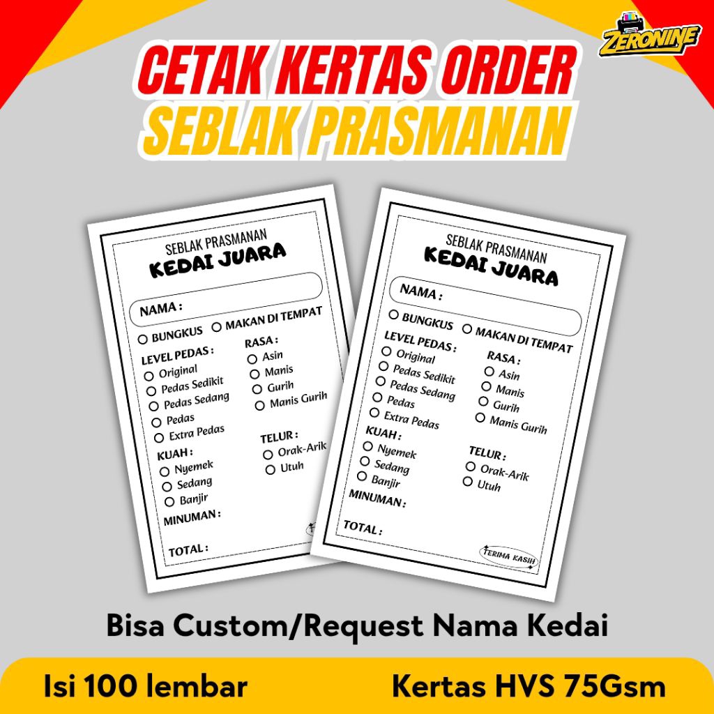 (100 dan 200 pcs) Kertas order seblak prasmanan kertas pesan seblak / Kartu seblak / Kertas menu