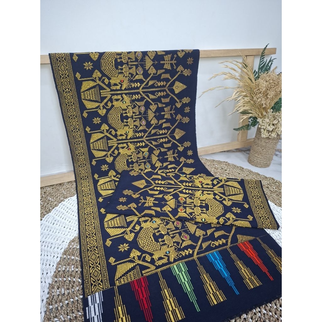 KAIN TENUN SONGKET ASLI LOMBOK MOTIF WAYANG NAGA WARNA NAVY