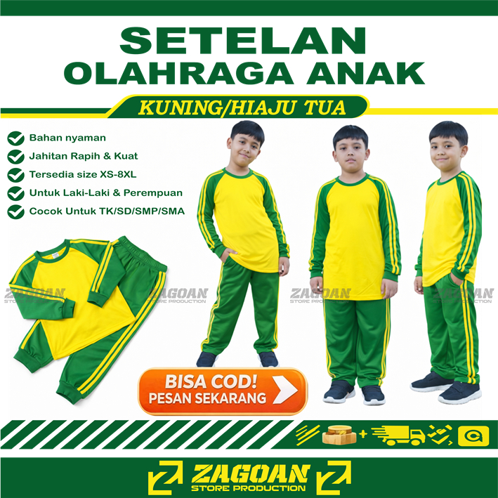 Setelan Olahraga Anak Sekolah Training TK SD SMP SMA | Baju Olahraga Anak Murah Adem Kuning Hijau Un