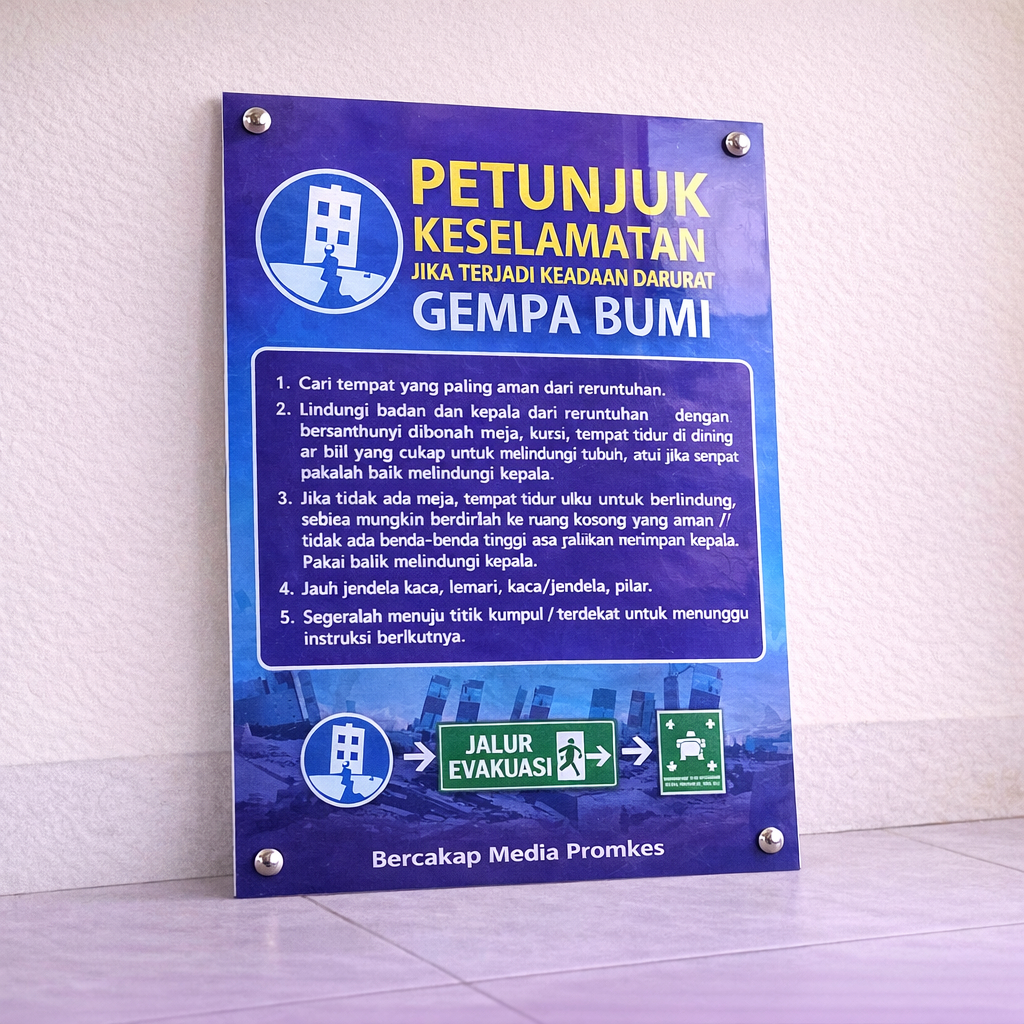 Papan Akrilik Petunjuk Keselamatan Gempa Bumi Super Ekonomis ukuran 31 cm x  46 cm, K3 Puskesmas