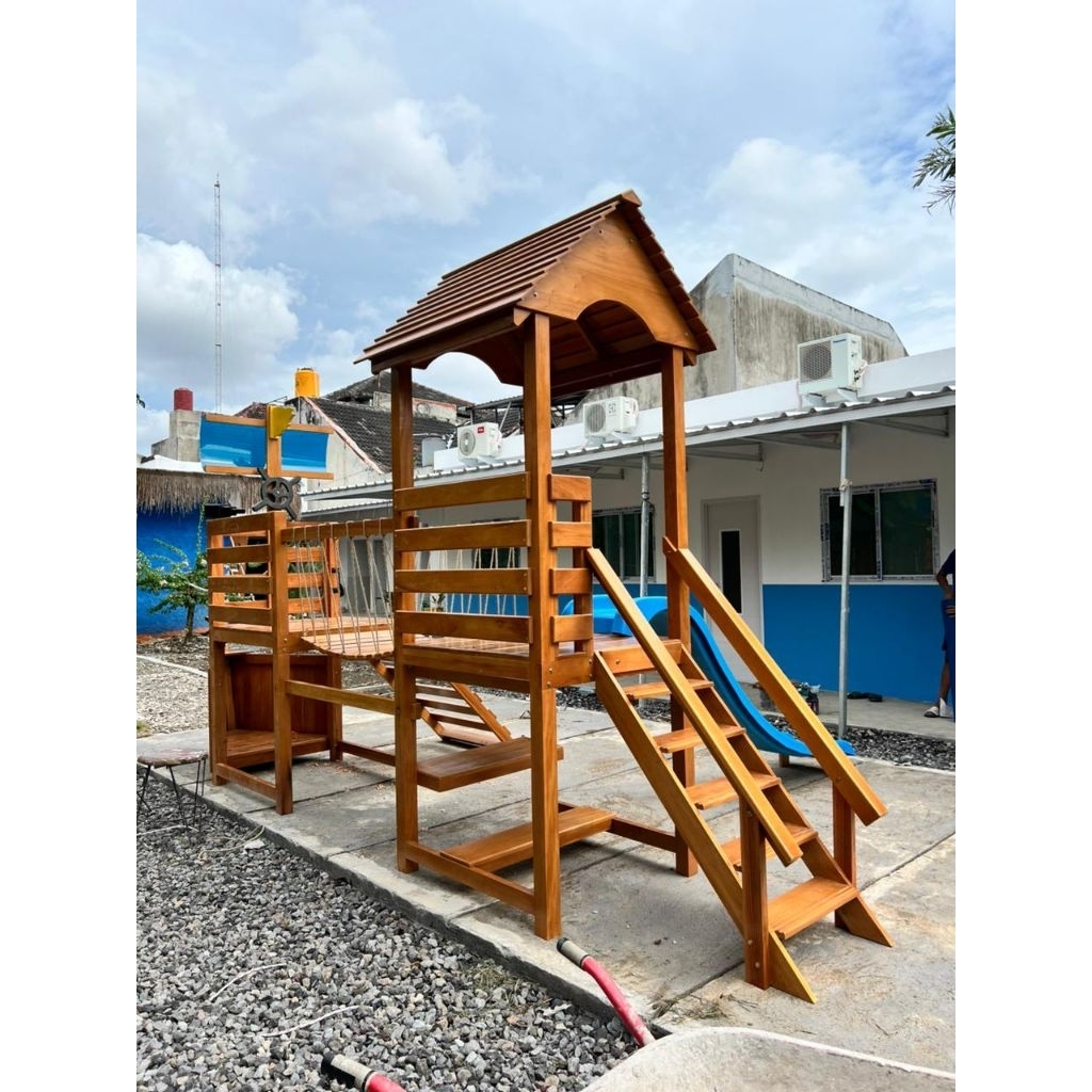 Mainan Anak Playground Indoor Outdoor Rumah Mini Kayu Mahoni Seluncuran Play Boat Playground
