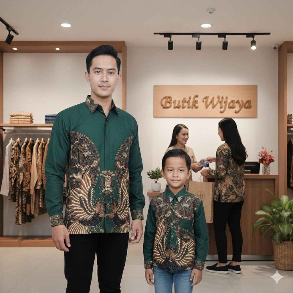 Batik Couple Ayah dan Anak Laki-Laki Lengan Panjang Hijau Botol Premium - Baju Kemeja Batik Pria Kon