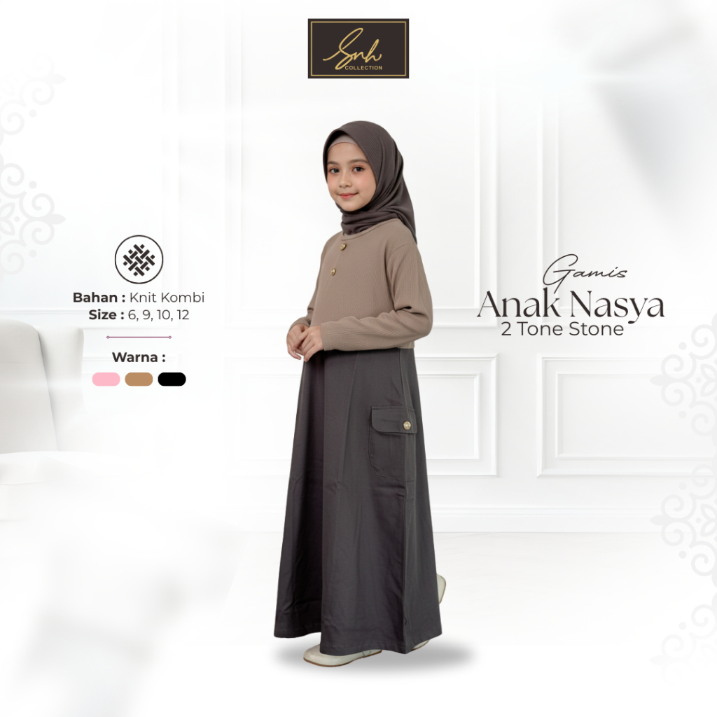 Gamis Anak Perempuan Nasya 2 Tone Warna Stone Baju Muslim Syari Kualitas Premium