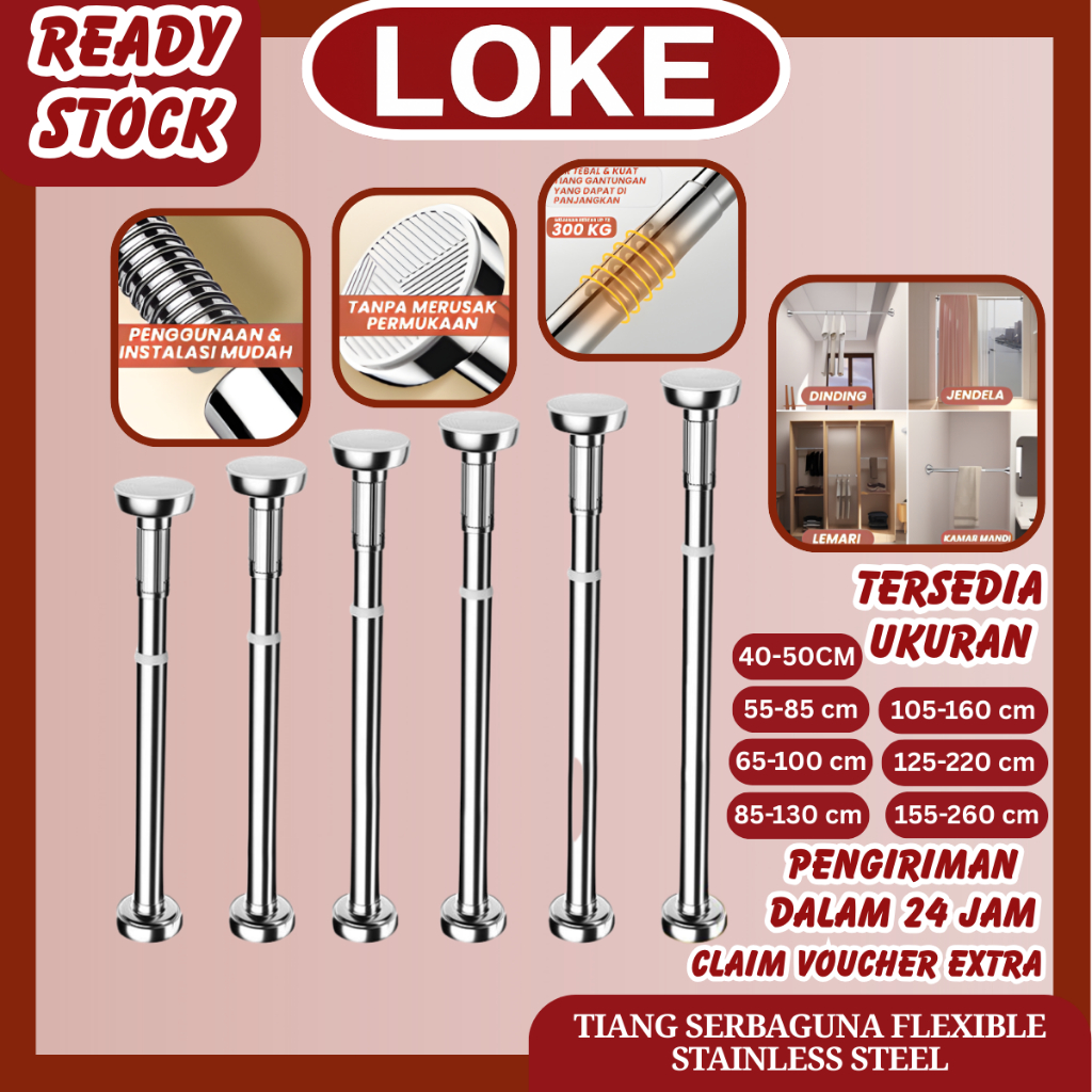 LOKE Tiang Tirai Kamar Mandi Fleksibel Stainless 40–260CM Tanpa Bor Rel Tirai Jemuran Gantungan Baju
