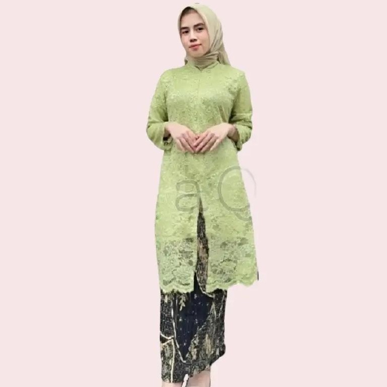 Setelan Tunik Bahan Brukat Kerah Sanghai Warna Sage