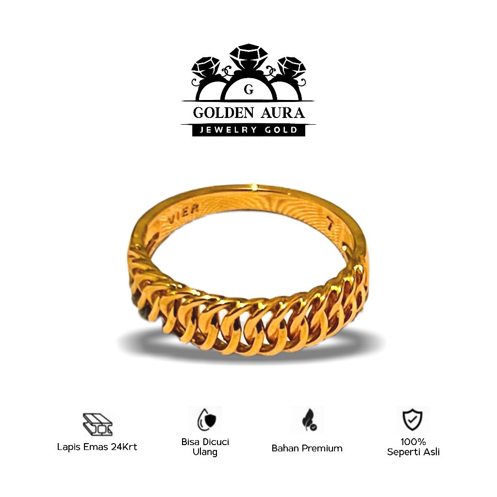 Cincin Pria Lapis Emas 24K Model Rantai Anyam Premium Ring Maskulin Elegan Bisa Dicuci Ulang 100% Se