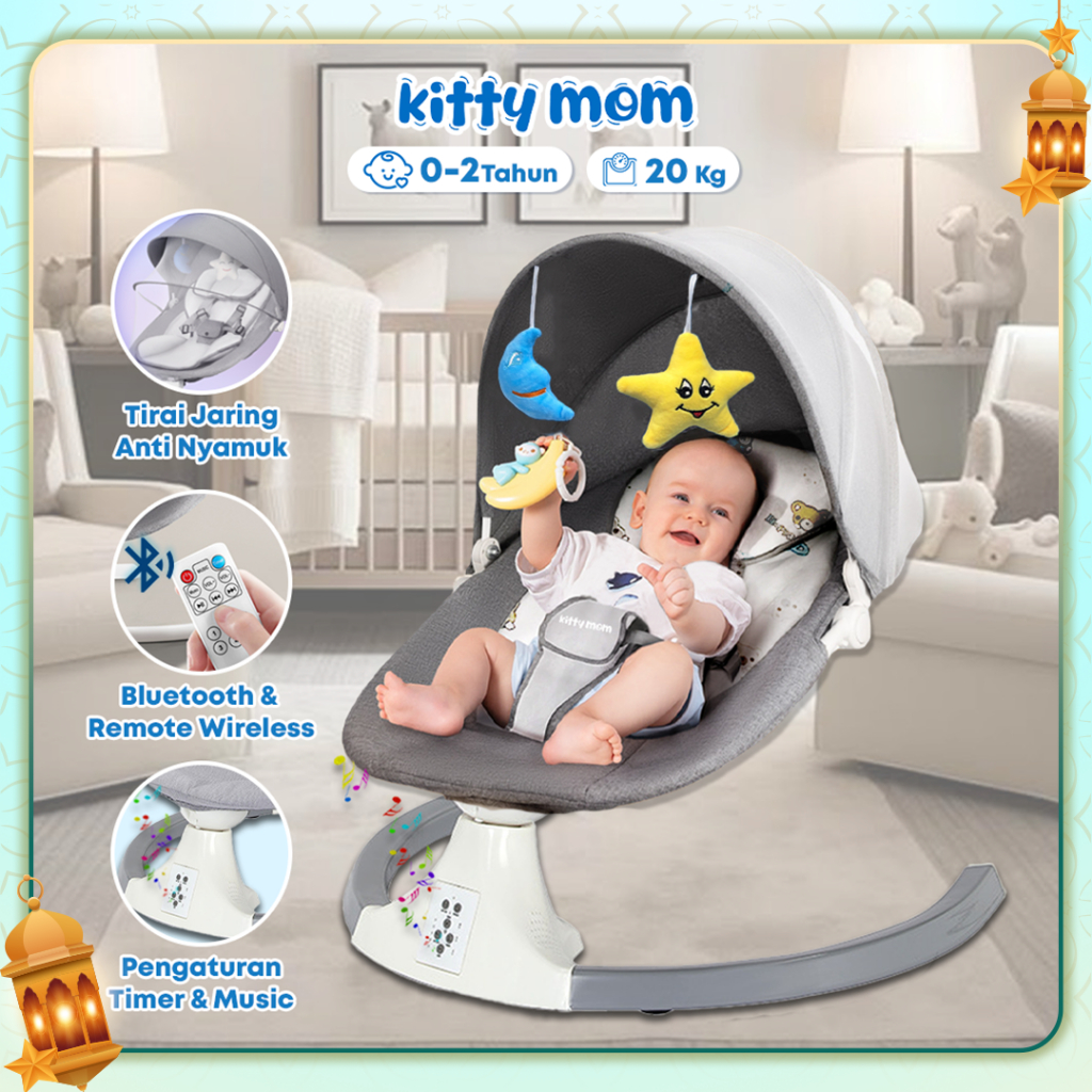 Kitty Mom Ayunan Bayi Elektrik Otomatis | Kursi Goyang Portable dengan Remote Wireless & Music Box u