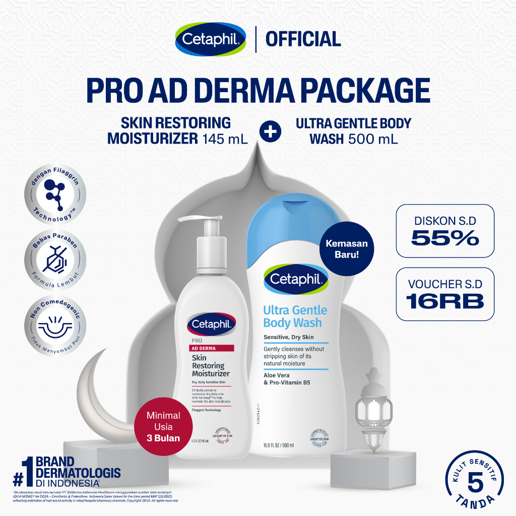 Cetaphil Pro Ad Derma Skin Restoring Moisturizer 145ml + Ultra Gentle Body Wash 500ml