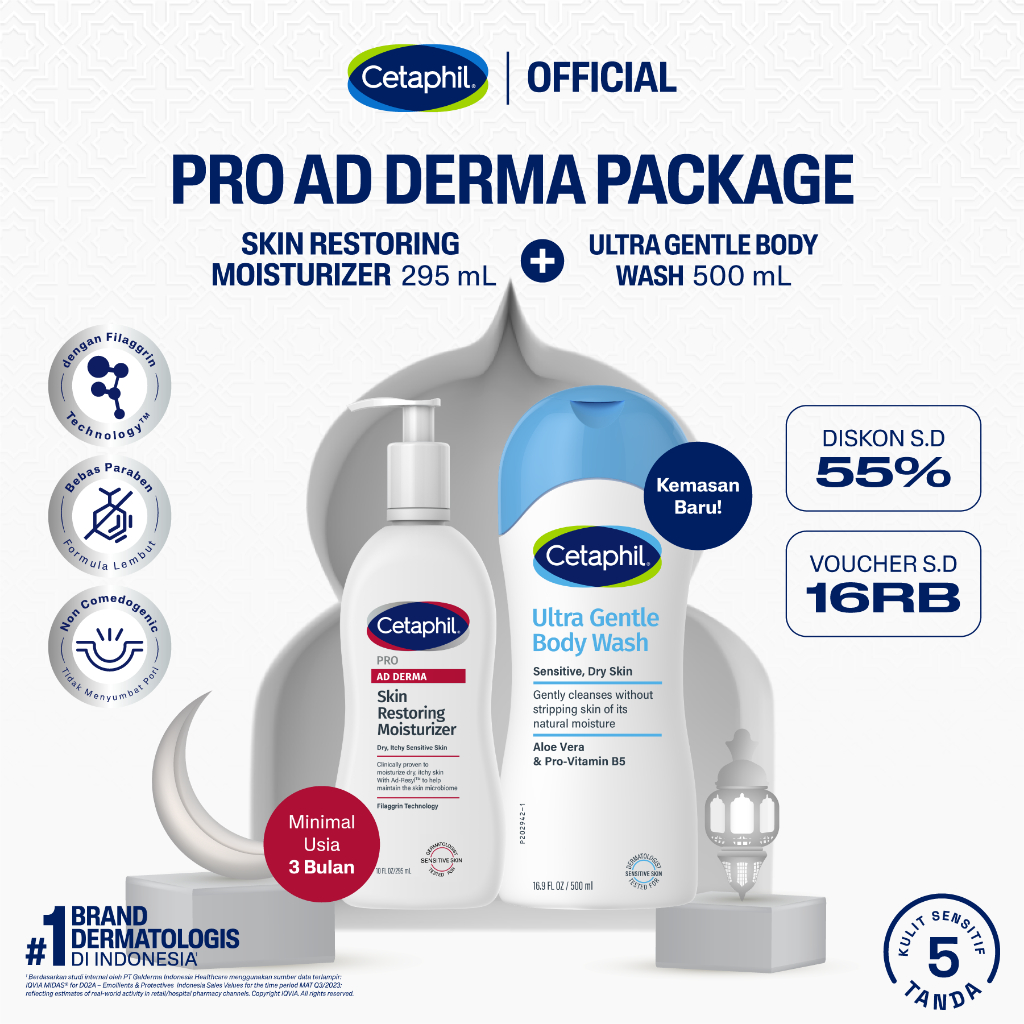 Cetaphil Pro AD Derma Skin Restoring Moisturizer 295ml + Ultra Gentle Body Wash 500ml
